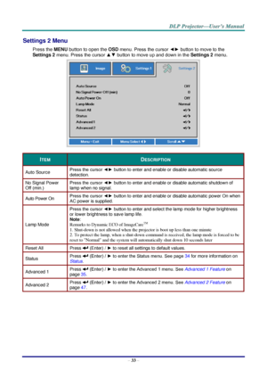 Page 41– 33 – 
Settings 2 Menu  
Press the MENU button to open the OSD menu. Press the cursor ◄► button to move to the 
Settings 2 menu. Press the cursor ▲▼ button to move up and down in the Settings 2 menu.  
 
ITEM DESCRIPTION 
Auto Source Press the cursor ◄► button to enter and enable or disable automatic source 
detection.  
No Signal Power 
Off (min.) 
Press the cursor ◄► button to enter and enable or disable automatic shutdown of 
lamp when no signal.  
Auto Power On Press the cursor ◄► button to enter...
