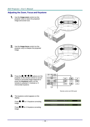 Page 25— 18 — 
Adjusting the Zoom, Focus and Keystone 
1.  Use the Image-zoom control (on the 
projector only) to resize the projected 
image and screen size. 
 
2.  Use the Image-focus control (on the 
projector only) to sharpen the projected 
image. 
 
3.  Press the  /  /  /  buttons (on the 
projector or the remote control) to correct 
vertical or horizontal image-trapezoid or 
press the Keystone button (on the 
remote) to selected V (Vertical) or H 
(Horizontal) keystone. 
 
Remote control and OSD panel 
4....