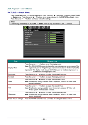 Page 33— 26 — 
PICTURE >> Basic Menu 
Press the MENU button to open the OSD menu. Press the cursor ◄ / ► buttons to move to the PICTURE 
>> Basic menu. Press the cursor ▲ / ▼ buttons to move up and down in the PICTURE >> Basic menu. 
Press the cursor ◄ / ► buttons to change values for settings. 
Note: 
Customizing the settings in PICTURE >> Basic menu is only available in User 1 / 2 mode. 
 
ITEM DESCRIPTION 
Display Mode 
Press the cursor ◄ / ► buttons to set the display mode.  
Note: The DISCOM SIM mode...