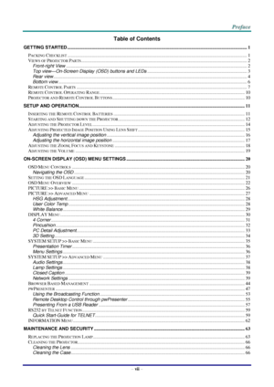 Page 6 
– vii – 
Table of Contents 
GETTING STARTED ........................................................................................................................................................... 1 
PACKING CHECKLIST ........................................................................................................................................................... 1 
VIEWS OF PROJECTOR PARTS...