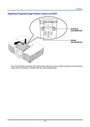 Page 22 
– 15 – 
Adjusting Projected Image Position Using Lens Shift 
 
The Lens Shift feature provides a lens shift function that can be used to adjust the position of the projected 
image either horizontally or vertically within the range detailed below.   