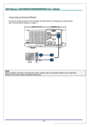 Page 23D D
D
L L
L
P P
P
   
 
P P
P
r r
r
o o
o
j j
j
e e
e
c c
c
t t
t
o o
o
r r
r
— —
—
D D
D
X X
X
6 6
6
5 5
5
3 3
3
0 0
0
/ /
/
D D
D
X X
X
6 6
6
5 5
5
3 3
3
5 5
5
/ /
/
D D
D
W W
W
6 6
6
0 0
0
3 3
3
0 00
/ /
/
D D
D
W W
W
6 6
6
0 0
0
3 3
3
5 5
5
   
 
U U
U
s s
s
e e
e
r r
r
’ ’
’
s s
s
   
 
M M
M
a a
a
n n
n
u u
u
a a
a
l l
l
   
 
– 16 – 
 
Connecting an External Monitor 
Connect an external monitor to the projector through RGB out connections as shown below  
(see Terminal Panel Features on page 5)....
