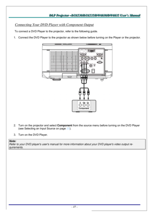 Page 24D D
D
L L
L
P P
P
   
 
P P
P
r r
r
o o
o
j j
j
e e
e
c c
c
t t
t
o o
o
r r
r
   
 
– –
–
D D
D
X X
X
6 6
6
5 5
5
3 3
3
0 0
0
/ /
/
D D
D
X X
X
6 6
6
5 5
5
3 3
3
5 5
5
/ /
/
D D
D
W W
W
6 6
6
0 0
0
3 33
0 0
0
/ /
/
D D
D
W W
W
6 6
6
0 0
0
3 3
3
5 5
5
   
 
U U
U
s s
s
e e
e
r r
r
’ ’
’
s s
s
   
 
M M
M
a a
a
n n
n
u u
u
a a
a
l l
l
   
 
– 17 – 
Connecting Your DVD Player with Component Output 
To connect a DVD Player to the projector, refer to the following guide. 
1.  Connect the DVD Player to the...