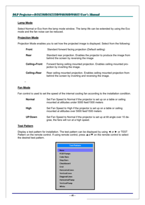 Page 53D D
D
L L
L
P P
P
   
 
P P
P
r r
r
o o
o
j j
j
e e
e
c c
c
t t
t
o o
o
r r
r
— —
—
D D
D
X X
X
6 6
6
5 5
5
3 3
3
0 0
0
/ /
/
D D
D
X X
X
6 6
6
5 5
5
3 3
3
5 5
5
/ /
/
D D
D
W W
W
6 6
6
0 0
0
3 3
3
0 00
/ /
/
D D
D
W W
W
6 6
6
0 0
0
3 3
3
5 5
5
   
 
U U
U
s s
s
e e
e
r r
r
’ ’
’
s s
s
   
 
M M
M
a a
a
n n
n
u u
u
a a
a
l l
l
   
 
– 46 – 
Lamp Mode 
Select Normal or Eco from the lamp mode window. The lamp life can be extended by using the Eco 
mode and the fan noise can be reduced. 
Projection Mode...
