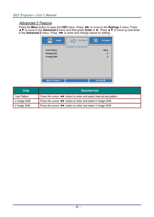 Page 41— 32 — 
Advanced 2 Feature 
Press the Menu button to open the OSD menu. Press ◄► to move to the Settings 1 menu. Press 
▲▼ to move to the Advanced 2 menu and then press Enter or ►. Press ▲▼ to move up and down 
in the Advanced 2 menu. Press ◄► to enter and change values for setting. 
 
ITEM DESCRIPTION 
Test Pattern Press the cursor ◄► button to enter and select internal test patternK 
H Image Shift Press the cursor ◄► button to enter and select H Image ShiftK 
V Image Shift Press the cursor ◄► button to...