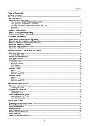 Page 8–vii – 
Table of Contents 
GETTING STARTED .............................................................................................................................................. 1 
PACKING CHECKLIST ............................................................................................................................................. 1 
VIEWS OF PROJECTOR PARTS ............................................................................................................................... 2...