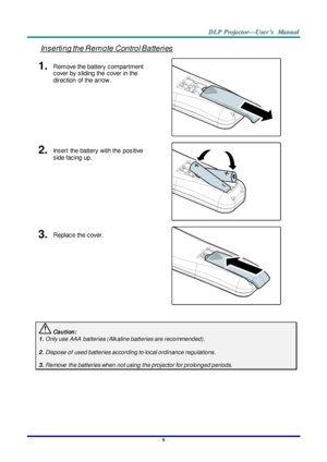 Page 18– 9 – 
Inserting the Rem ote Control Batteries 
1.  Remove the battery  compartment 
cover by  sliding the  cover in the 
direction  of the arrow. 
 
2.  Insert  the battery  with the  positive 
side facing up. 
 
3.  Replace the cover. 
 
 
 Caution: 
1. Only use AAA  batteries (Alk aline batteries are recommended). 
 
2. Dispose of used batteries according to local ordinance regulations.  
 
3. Remove  the batteries when not using the projector for prolonged periods. 
      