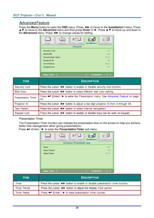 Page 37— 28 — 
Advanced Feature 
Press the M e nu button to open the OSD menu. Press ◄► to move to the Installation I menu. Press 
▲▼ to move to the Adv ance d menu and then press Ente r or ►. Press ▲▼ to move up and down in 
the Adv ance d menu. Press ◄► to change values for setting. 
 
ITEM DESCRIPTION 
Security Lock  Press the cursor  ◄► button to enable  or  disable  security lock functionK 
t all Color Press the cursor  ◄► button to select different  wall  color settingK 
Presentation  Timer Press  (Enter)...