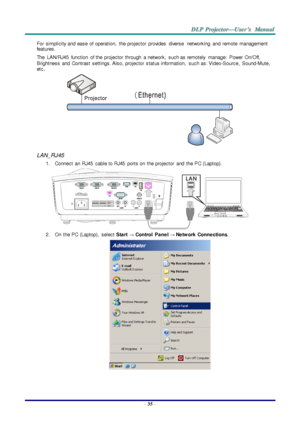 Page 44– 35 – 
For simplicity and ease  of  operation,  the projector  provides  diverse networking  and  remote  management 
features. 
The  LAN/RJ45  function  of the  projector  through  a network,  such as remotely manage:  Power  On/Off, 
Brightness  and  Contrast  settings. Also, projector  status information,  such as: Video-Source,  Sound-Mute, 
etc. 
 
LAN_RJ45 
1. Connect  an  RJ45  cable to RJ45  ports on  the projector  and  the PC (Laptop). 
 
2. On  the PC (Laptop), select Sta rt → Control Pa ne l...