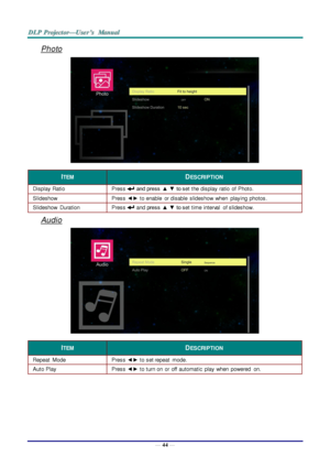 Page 53— 44 — 
Photo 
 
ITEM DESCRIPTION 
Display Ratio Press  and press  ▲ ▼ to set the display ratio  of  Photo. 
Slideshow Press ◄► to enable  or disable  slideshow  when  playing  photosK 
Slideshow  Duration Press  and press  ▲ ▼ to set time interval  of slideshowK 
Audio 
 
ITEM DESCRIPTION 
Repeat  Mode Press ◄► to set repeat  modeK 
Auto Play Press ◄► to turn on  or  off  automatic  play when  powered  onK    