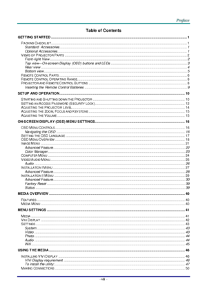 Page 8–vii – 
Table of Contents 
GET TING ST ART ED .................................................................................................................................. 1 
PA CKING CHECKL IS T.................................................................................................................................. 1 
Standa rd  Accessories.......................................................................................................................... 1 
Option al...