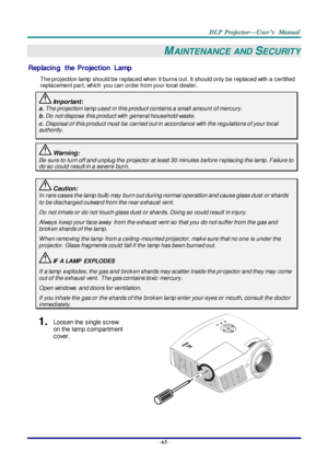 Page 72– 63 – 
MAINTENANCE  AND SECURITY 
Replacing  the  Projection  Lamp 
The projection lamp should be replaced when it burns out. It should only be replaced with a certified 
replacement part, which  you can order from your local dealer.  
 Important: 
a. The projection lamp used in this product contains a small amount of mercury. 
b. Do not dispose this product with  general household waste. 
c. Disposal of this product must be carried out in accordance with the regulations of your local  
authority....