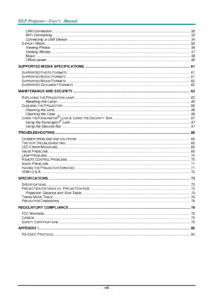 Page 9— viii — 
LAN Con nection................................................................................................................................. 50 
W iFi Conn ecting ................................................................................................................................ 52 
Con necting  a USB Device .................................................................................................................. 54 
DIS PLA Y  MEDIA...