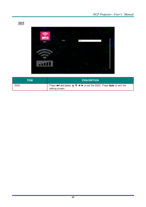 Page 54– 45 – 
Wifi 
 
ITEM DESCRIPTION 
SSID Press  and press  ▲ ▼ ◄ ►Kto set the SSID.  Press Auto to exit the 
setting screen. 
 
   
