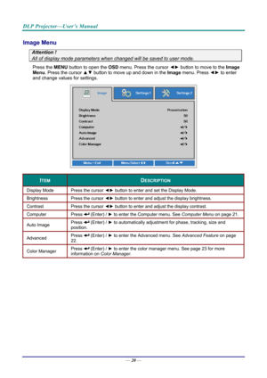 Page 29DLP Projector—User’s Manual 
Image Menu  
Attention !   
All of display mode parameters when changed will be saved to user mode.  
Press the MENU button to open the  OSD menu. Press the cursor  ◄► button to move to the  Image 
Menu. Press the cursor  ▲▼ button to move up and down in the  Image menu. Press  ◄► to enter 
and change values for settings. 
 
ITEM DESCRIPTION 
Display Mode  Press the cursor ◄► button to enter and set the Display Mode.  
Brightness  Press the cursor ◄► button to enter and...