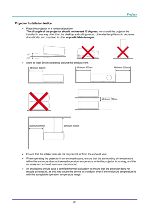 Page 4Preface 
Projector Installation Notice 
  Place the projector in a horizontal position 
The tilt angle of the projector should not exceed 15 degrees,  nor should the projector be 
installed in any way other than the desktop and ce iling mount, otherwise lamp life could decrease 
dramatically, and may lead to other  unpredictable damages. 
     
   Allow at least 50 cm clearance around the exhaust vent. 
  
 
  
 
 
   Ensure that the intake vents do not recycle hot air from the exhaust vent. 
   When...