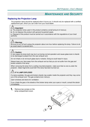 Page 56– 47 – 
MAINTENANCE AND SECURITY 
Replacing the Projection Lamp 
The projection lamp should be replaced when it burns out. It should only be replaced with a certified 
replacement part, which you can order from your local dealer.  
 Important: 
a. The projection lamp used in this product contains a small amount of mercury. 
b. Do not dispose this product with general household waste. 
c. Disposal of this product must be carried out in accordance with the regulations of your local  
authority. 
 Warning:...