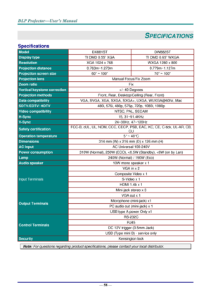 Page 67— 
58  —   SPECIFICATIONS
 
Specifications  Model   DX881ST   DW882ST  
Display type   TI DMD 0.55” XGA   TI DMD 0.65” WXGA  
Resolution   XGA 1024 x 768   WXGA 1280 x 800  
Projection distance   0.763m~1.273m   0.779m~1.127m  
Projection screen size   60” ~ 100”   70” ~ 100”  
Projection lens   Manual Focus/Fix Zoom  
Zoom ratio   Fix  
Vertical keystone correction   +/ -   40  Degree s  
Projection methods   Front, Rear, Desktop/Ceiling (Rear, Front)  
Data compatibility   VGA, SVGA, XGA, SXGA, SXGA+,...