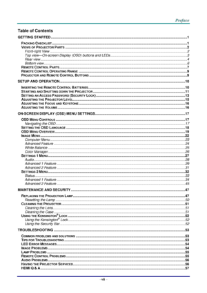 Page 8–vii – 
Table of Contents 
GETTING STARTED .............................................................................................................................................. 1 
PACKING CHECKLIST ............................................................................................................................................. 1 
VIEWS OF PROJECTOR PARTS ............................................................................................................................... 2...