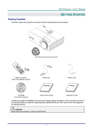 Page 10– 1 – 
GETTING STARTED 
Packing Checklist 
Carefully unpack the projector and check that the following items are included:  
 
DLP PROJECTOR WITH LENS CAP 
   
   
REMOTE CONTROL  
(WITH TWO AAA BATTERIES) 
RGB CABLE POWER CORD 
 
   
CD-ROM  
(THIS USER’S MANUAL) 
QUICK START GUIDE WARRANTY CARD 
 
Contact your dealer immediately if any items are missing, appear damaged, or if the unit does not work. It 
is recommend that you keep the original packing material should you ever need to return the...