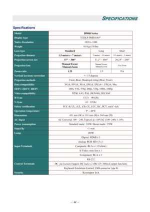 Page 50
— 44 — 
SPECIFICATIONS 
Specifications 
Model  H5080 Series 
Display type TI DLP DMD 0.65” 
Native Resolution   1920 x 1080 
Weight 8.8 kg (19 lbs) 
Lens type 
Standard Long Short 
Projection distance 1.5 meters ~ 7 meters 2.meters ~ 20 meters  0.5 meters ~ 3 meters
Projection screen size 
37 ~ 300  31.2 ~ 468  29.25 ~ 200 
Projection lens Manual Focus/ 
Manual Zoom  Manual Focus/ 
Manual Zoom  Fix Zoom 
Zoom ratio 
1.25 1.5 Fix 
Vertical keystone correction  +/- 15 degrees 
Projection methods Front,...