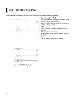 Page 14
14
ConTrols and funCTions
2.3 H9080FD Key Pad
Figure 2-4 shows the H9080FD key pad, and the paragraphs that follow des\
cribe its functionality.
ENTER
MENU
SOURCE
1
2
3
4
Figure 2-4: H9080FD Key Pad
Cursor Keys (  ,  ,  ,  ):  
Use these buttons to select items or settings, adjust 
settings or switch display patterns.  
ENTER: Press to select a highlighted menu item or 
confirm a changed setting.
MENU:  
Press this button to show or hide the OSD menu.
SOURCE:  
Press to select a video source.  
HDMI1,...