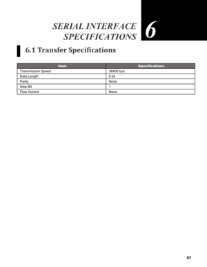 Page 57
57

6.1 Transfer Specifications
Item Specifications 
Transmission Speed 38400 bps
Data Length 8 bit 
Parity None 
Stop Bit 1 
Flow Control None 
mainTenanCe and TroubleshooTing
serial inTerfaCe  
speCifiCaTions
6 