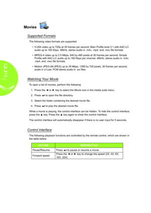 Page 2014
Movies
Supported Formats
The following video formats are supported:
• H.264 video up to 720p at 30 frames per second; Main Profile level 3.1 with AAC-LC 
audio up to 160 Kbps, 48kHz, stereo audio in .m4v, .mp4, and .mov file formats 
• MPEG-4 video up to 2.5 Mbps, 640 by 480 pixels at 30 frames per second; Simple 
Profile with AAC-LC audio up to 160 Kbps per channel, 48kHz, stereo audio in .m4v, 
.mp4, and .mov file formats 
• Motion JPEG (M-JPEG) up to 35 Mbps, 1280 by 720 pixels, 30 frames per...