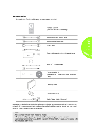 Page 93
Accessories
Along with the Qumi, the following accessories are included: 
Remote Control 
(With one 3V CR2025 battery)
Mini to Standard HDMI Cable
Mini to Mini HDMI Cable
VGA Cable
Regional Power Cord  and Power Adapter
APPLE® Connection Kit
  
Documentation Kit 
(User Manual, Quick Start Guide, Warranty 
Card)
Carrying Case
Cable Cores (x2)*
Audio/Video Cable (Optional)
Contact your dealer immediately if any items are missing, appear damaged\
, or if the unit does 
not work. It is recommended that you...