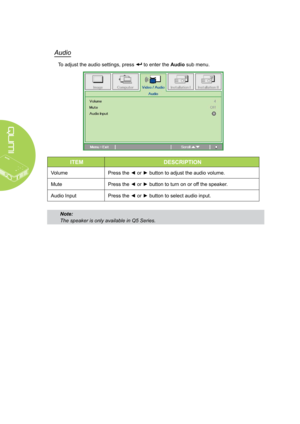 Page 4034
Audio
To adjust the audio settings, press  to enter the Audio sub menu.
ITEMDESCRIPTION
VolumePress the ◄ or ► button to adjust the audio volume.
MutePress the ◄ or ► button to turn on or off the speaker.
Audio InputPress the ◄ or ► button to select audio input.
Note: 
The speaker is only available in Q5 Series.  