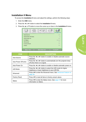 Page 4337
Installation II Menu
To access the Installation II menu and adjust the settings, perform the following steps:
1. Enter the OSD menu.
2. Press the ◄ or ► button to select the Installation II menu.
3. Press the ▲ or ▼ button to move the cursor up or down in the Installation II menu.
ITEMDESCRIPTION
Auto SourcePress the ◄ or ► button to enable or disable automatic source 
detection.
Auto Power Off (min)Press the ◄ or ► button to automatically turn the projector lamp 
off when there is no signal.
Auto...