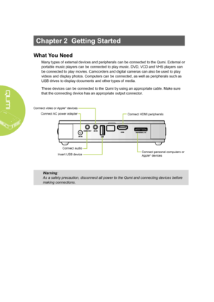 Page 12
6
Chapter 2  Getting Started
What You Need
Many types of external devices and peripherals can be connected to the Qumi. External or 
portable music players can be connected to play music. DVD, VCD and VHS players can 
be connected to play movies. Camcorders and digital cameras can also be used to play 
videos and display photos. Computers can be connected, as well as peripherals such as 
USB drives to display documents and other types of media.
These devices can be connected to the Qumi by using an...