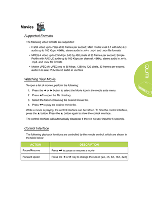 Page 23
17
Movies
Supported Formats
The following video formats are supported:
• H.264 video up to 720p at 30 frames per second; Main Profile level 3.1 with  AAC-LC 
audio up to 160 Kbps, 48kHz, stereo audio in .m4v, .mp4, and .mov file formats 
• MPEG-4 video up to 2.5 Mbps, 640 by 480 pixels at 30 frames per second; Simple 
Profile with AAC-LC audio up to 160 Kbps per channel, 48kHz, stereo audio in .m4v, 
.mp4, and .mov file formats
• Motion JPEG (M-JPEG) up to 35 Mbps, 1280 by 720 pixels, 30 frames per...