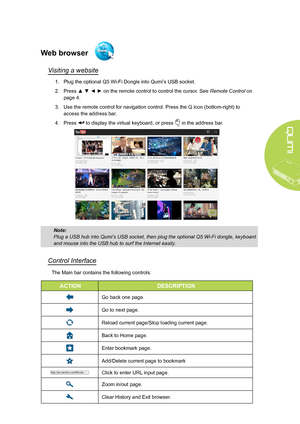 Page 27
21
Web browser
Visiting a website
1. Plug the optional Q5 Wi-Fi Dongle into Qumi’s USB socket.
2. Press ▲ ▼ ◄ ► on the remote control to control the cursor. See Remote Control on 
page 4.
3. Use the remote control for navigation control. Press the Q icon (bottom-right) to 
access the address bar.
4. Press  to display the virtual keyboard, or press  in the address bar.
Note: 
Plug a USB hub into Qumi’s USB socket, then plug the optional Q5 Wi-Fi dongle, keyboard 
and mouse into the USB hub to surf the...