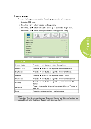 Page 35
29
Image Menu 
To access the Image menu and adjust the settings, perform the following steps:
1. Enter the OSD menu.
2. Press the ◄ or ► button to select the Image menu.
3. Press the ▲ or ▼ button to move the cursor up or down in the Image menu.
4. Press the ◄ or ► button to change values for each applicable setting.
ITEMDESCRIPTION
Display ModePress the ◄ or ► button to set the Display Mode.
Brilliant ColorPress the ◄ or ► button to adjust the Brilliant Color value.
BrightnessPress the ◄ or ► button to...