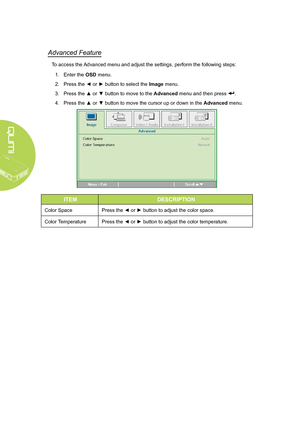 Page 36
30
Advanced Feature
To access the Advanced menu and adjust the settings, perform the following steps:
1. Enter the OSD menu.
2. Press the ◄ or ► button to select the Image menu.
3. Press the ▲ or ▼ button to move to the Advanced menu and then press .
4. Press the ▲ or ▼ button to move the cursor up or down in the Advanced menu.
ITEMDESCRIPTION
Color SpacePress the ◄ or ► button to adjust the color space.
Color TemperaturePress the ◄ or ► button to adjust the color temperature.
Downloaded From...