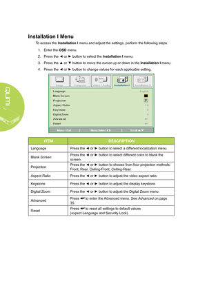 Page 40
34
Installation I Menu
To access the Installation I menu and adjust the settings, perform the following steps:
1. Enter the OSD menu.
2. Press the ◄ or ► button to select the Installation I menu.
3. Press the ▲ or ▼ button to move the cursor up or down in the Installation I menu.
4. Press the ◄ or ► button to change values for each applicable setting.
ITEMDESCRIPTION
LanguagePress the ◄ or ► button to select a different localization menu.
Blank ScreenPress the ◄ or ► button to select different color to...