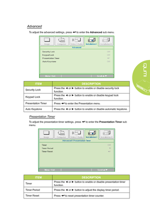 Page 41
35
Advanced
To adjust the advanced settings, press  to enter the Advanced sub menu.
ITEMDESCRIPTION
Security LockPress the ◄ or ► button to enable or disable security lock 
function.
Keypad LockPress the ◄ or ► button to enable or disable keypad lock 
function.
Presentation TimerPress  to enter the Presentation menu.
Auto KeystonePress the ◄ or ► button to enable or disable automatic keystone.
Presentation Timer
To adjust the presentation timer settings, press  to enter the Presentation Timer sub...