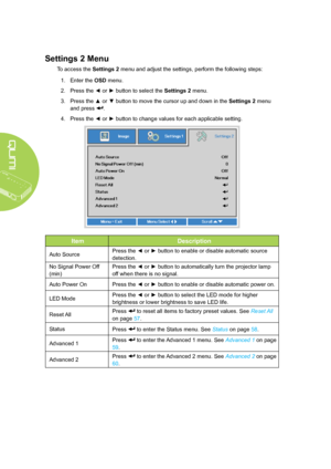 Page 6256
Settings 2 Menu
To access the Settings 2 menu and adjust the settings, perform the following steps:
1. Enter the OSD menu.
2. Press the ◄ or ► button to select the Settings 2 menu.
3. Press the ▲ or ▼ button to move the cursor up and down in the Settings 2 menu 
and press .
4. Press the ◄ or ► button to change values for each applicable setting.
ItemDescription
Auto SourcePress the ◄ or ► button to enable or disable automatic source 
detection.
No Signal Power Off 
(min)
Press the ◄ or ► button to...