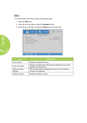 Page 6458
Status
To see the status of the Qumi, perform the following steps:
1. Enter the OSD menu.
2. Press the ◄ or ► button to select the Settings 2 menu.
3. Press the ▲ or ▼ button to select the Status menu and press .
ItemDescription
Active SourceDisplays the activated source.
Video InformationDisplays resolution/video information for RGB source and color 
standard for Video source.
LED Hours (Eco, 
Normal)
LED use information is displayed (in hours). Eco and Normal 
counters are separated.
Software...