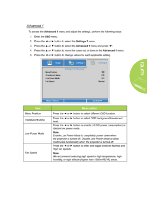 Page 6559
Advanced 1
To access the Advanced 1 menu and adjust the settings, perform the following steps:
1. Enter the OSD menu.
2. Press the ◄ or ► button to select the Settings 2 menu.
3. Press the ▲ or ▼ button to select the Advanced 1 menu and press .
4. Press the ▲ or ▼ button to move the cursor up or down in the Advanced 1 menu.
5. Press the ◄ or ► button to change values for each applicable setting.
ItemDescription
Menu PositionPress the ◄ or ► button to select different OSD location.
Translucent...