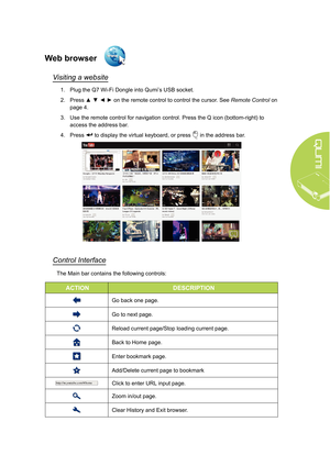 Page 2923
Web browser
Visiting a website
1. Plug the Q7 Wi-Fi Dongle into Qumi’s USB socket.
2.  Press ▲ ▼ ◄ ► on the remote control to control the cursor. See Remote Control  on 
page 4.
3.  Use the remote control for navigation control. Press the Q icon (bottom-right) to 
access the address bar.
4.  Press 
 to display the virtual keyboard, or press  in the address bar.
Control Interface
The Main bar contains the following controls:
ACTION DESCRIPTION
Go back one page.
Go to next page.
Reload current page/Stop...