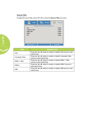 Page 5044
Source Filter
To adjust the source filter, press  or ► to enter the Source Filter sub menu.
ITEM DESCRIPTION
VGAPress the ◄ or ► button to enable or disable VGA source in auto 
search loop.
Composite Video Press the ◄ or ► button to enable or disable Composite Video 
source in auto search loop.
HDMI 1 / MHL Press the ◄ or ► button to enable or disable HDMI 1 / MHL 
source in auto search loop.
HDMI 2 Press the ◄ or ► button to enable or disable HDMI 2 source in 
auto search loop.
USB Press the ◄ or ►...