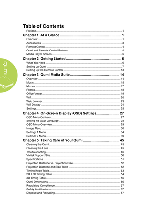 Page 6vi
Table of Contents
Preface ..................................................................................................................ii
Chapter 1  At a Glance ................................................................1
Overview ................................................................................................................ 1
Accessories  ........................................................................................................... 3
Remote Control...