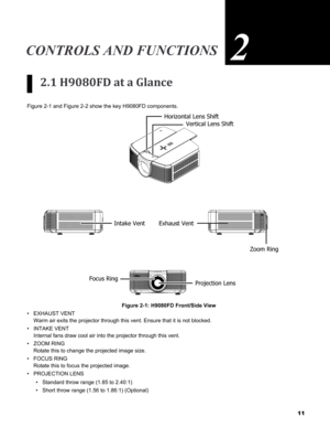 Page 11
11

ConTrols and funCTions2
2.1 H9080FD at a Glance
Figure 2-1 and Figure 2-2 show the key H9080FD components.
Zoom Ring
Focus RingProjection Lens
Horizontal Lens Shift
Vertical Lens Shift
Exhaust VentIntake Vent
Figure 2-1: H9080FD Front/Side View
EXHAUST VENT 
Warm air exits the projector through this vent. Ensure that it is not bl\
ocked.
INTAKE VENT 
Internal fans draw cool air into the projector through this vent.
ZOOM RING 
Rotate this to change the projected image size.
FOCUS RING 
Rotate this to...