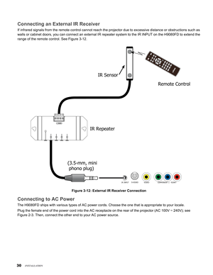 Page 30
0
insTallaTion
Connecting an External IR Receiver
If infrared signals from the remote control cannot reach the projector d\
ue to excessive distance or obstructions such as 
walls or cabinet doors, you can connect an external IR repeater system t\
o the IR INPUT on the H9080FD to extend the 
range of the remote control. See Figure 3-12.
IR INPUTVIDEOS-VIDEOCOMPONENT 1 - SCART
(3.5-mm, mini
phono plug)
IR Sensor
IR Repeater
Remote Control
Figure 3-12: External IR Receiver Connection
Connecting to AC...