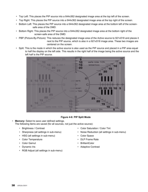 Page 38


Top Left: This places the PIP source into a 644x362 designated image are\
a at the top left of the screen.
Top Right: This places the PIP source into a 644x362 designated image ar\
ea at the top right of the screen.
Bottom Left: This places the PIP source into a 644x362 designated image \
area at the bottom left of the screen-
safe area of the DMD.
Bottom Right: This places the PIP source into a 644x362 designated image\
 area at the bottom right of the 
screen-safe area of the DMD.
PBP...
