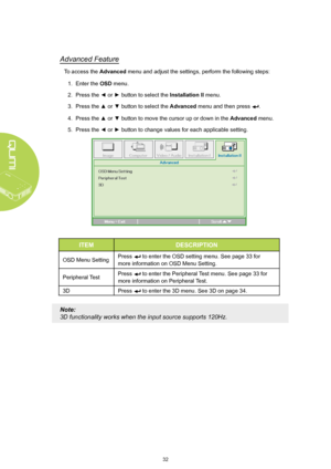 Page 3832
Advanced Feature
To access the  Advanced menu and adjust the settings, perform the following steps:
1.   
Enter the OSD menu.
2.   
Press the ◄ or ► button to select the  Installation II menu.
3.   
Press the ▲ or ▼ button to select the  Advanced menu and then press 
.
4.   
Press the ▲ or ▼ button to move the cursor up or down in the Advanced menu.
5.   
Press the ◄ or ► button to change values for each applicable setting.
ITEM DESCRIPTION
OSD Menu SettingPress  to enter the OSD setting menu. See...