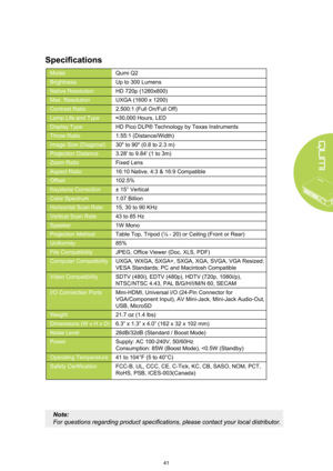 Page 4741
Note:
.
Qumi Q2
Up to 300 Lumens
HD 720p (1280x800)
UXGA (1600 x 1200)
2,500:1 (Full On/Full Off)
≈30,000 Hours, LED
HD Pico DLP® Technology by Texas Instruments
1.55:1 (Distance/Width)
30 to 90 (0.8 to 2.3 m)
3.28 to 9.84 (1 to 3m)
Fixed Lens
16:10 Native, 4:3 & 16:9 Compatible
102.5%
± 15° Vertical 
1.07 Billion
15, 30 to 90 KHz
43 to 85 Hz
1W Mono
Table Top, Tripod (¼ - 20) or Ceiling (Front or Rear)
85%
JPEG, Office Viewer (Doc, XLS, PDF)
UXGA, WXGA, SXGA+, SXGA, XGA, SVGA, VGA Resized; 
VESA...