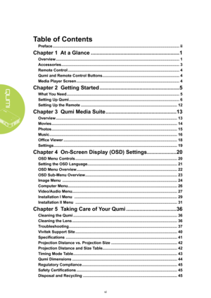 Page 6vi
Table of Contents
Preface ���������������������������������������������������������������������������������������������������������������������ii
Chapter 1  At a Glance ������������������������������������������������������������1
Overview ������������������������������������������������������������������������������������������������������������������1
Accessories �������������������������������������������������������������������������������������������������������������3
Remote Control...